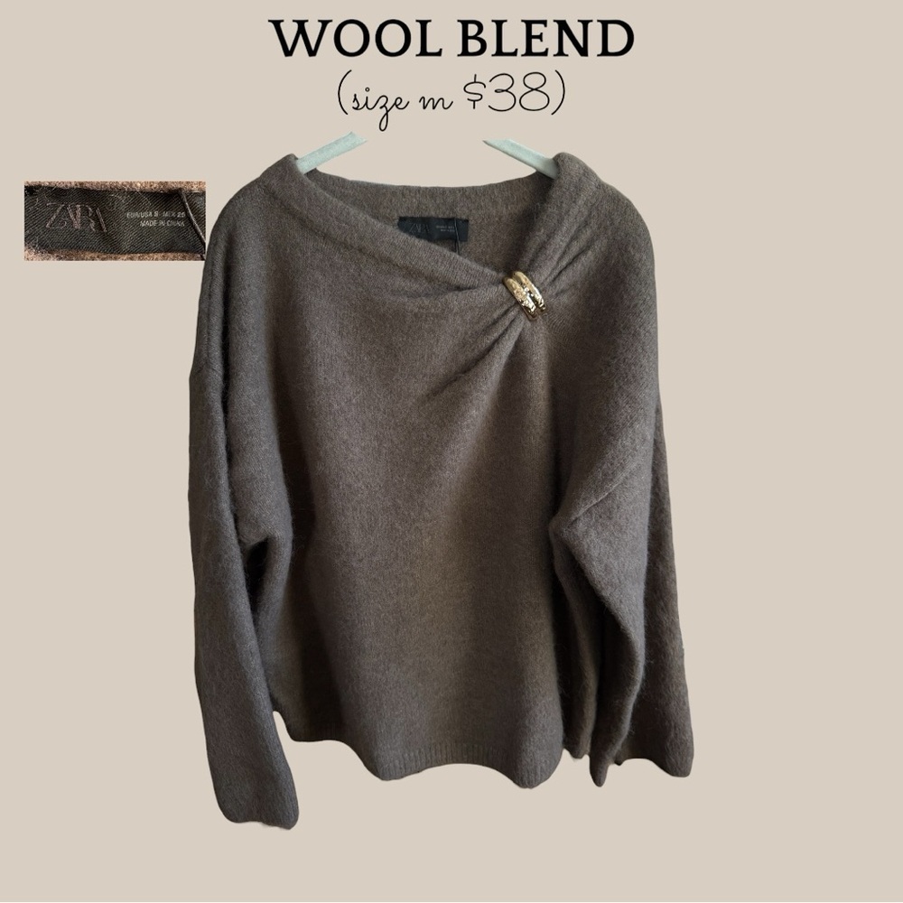 Zara Off-the-Shoulder Wool-Blend Sweater in Brown with Decorative Pin